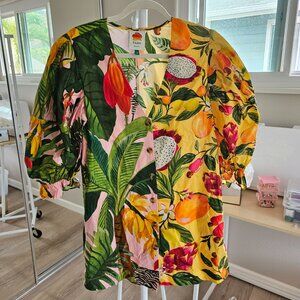 FARM Rio Fruit Print Mini Dress Puff Sleeves Cotton Yellow Pink Green Small